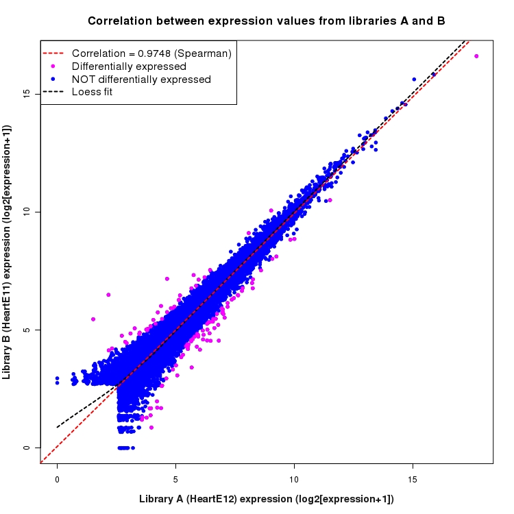 Scatter plot of expression values for comparison: HeartE12_vs_HeartE11 and data type: Boundary