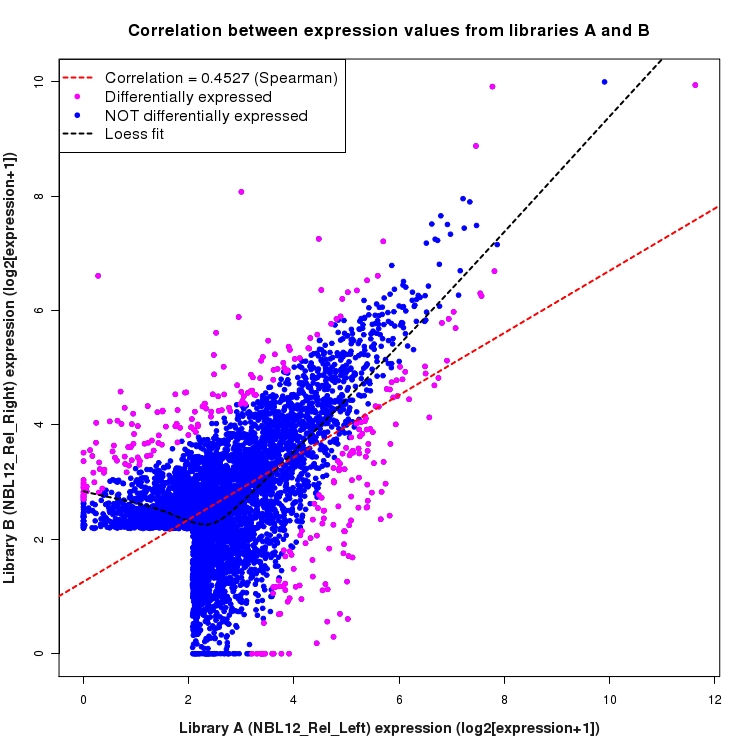Scatter plot of expression values for comparison: NBL12_Rel_Left_vs_NBL12_Rel_Right and data type: ActiveIntergenicRegion