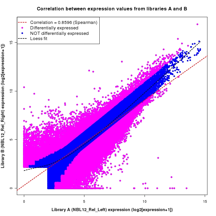 Scatter plot of expression values for comparison: NBL12_Rel_Left_vs_NBL12_Rel_Right and data type: ExonRegion