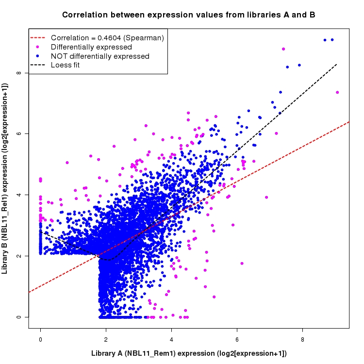 Scatter plot of expression values for comparison: NBL11_Rem1_vs_NBL11_Rel1 and data type: ActiveIntergenicRegion