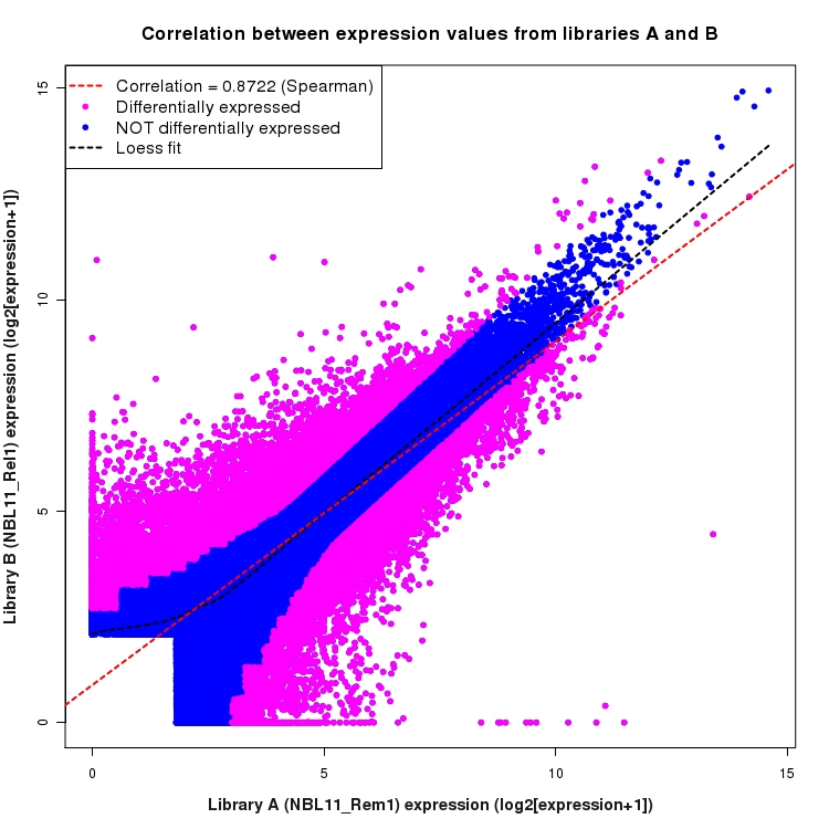Scatter plot of expression values for comparison: NBL11_Rem1_vs_NBL11_Rel1 and data type: ExonRegion