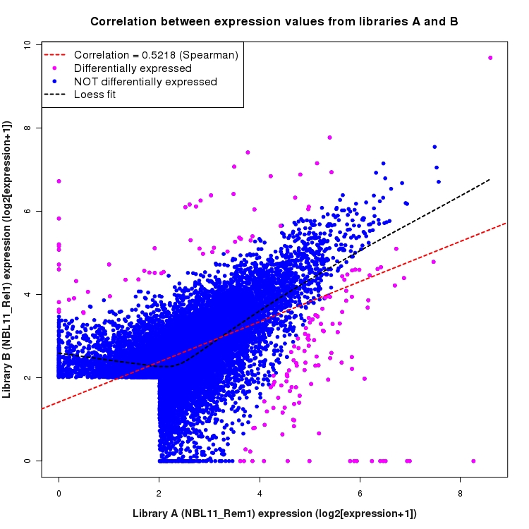Scatter plot of expression values for comparison: NBL11_Rem1_vs_NBL11_Rel1 and data type: SilentIntronRegion