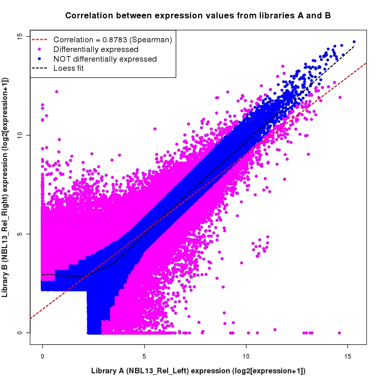 Scatter plot of expression values for comparison: NBL13_Rel_Left_vs_NBL13_Rel_Right and data type: ExonRegion