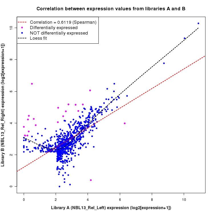 Scatter plot of expression values for comparison: NBL13_Rel_Left_vs_NBL13_Rel_Right and data type: Intergenic