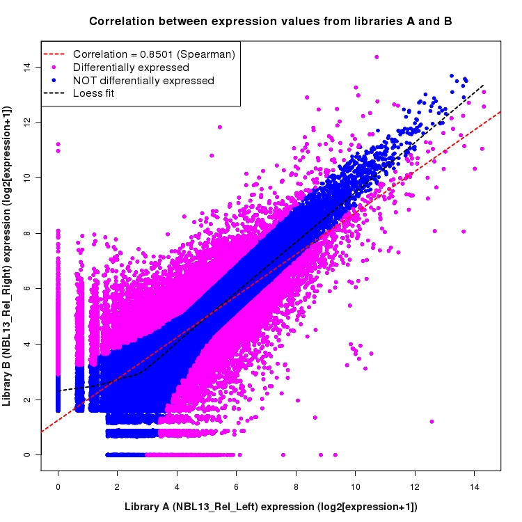 Scatter plot of expression values for comparison: NBL13_Rel_Left_vs_NBL13_Rel_Right and data type: KnownJunction